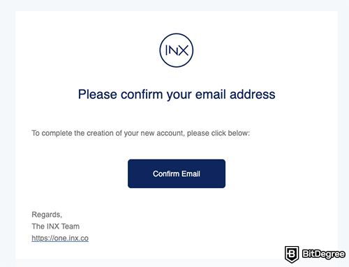 INX exchange review: email confirmation.