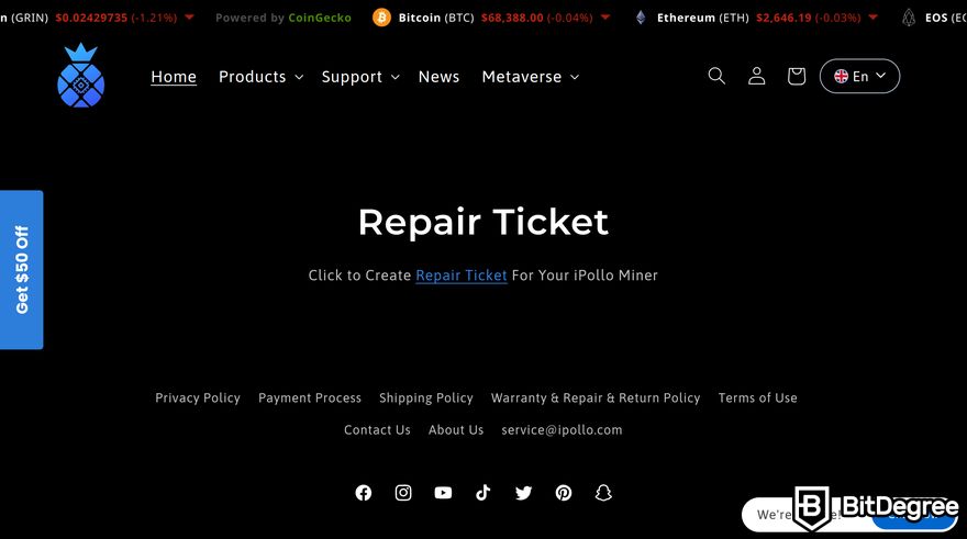 iPollo review: the Repair Ticket section on the iPollo homepage.