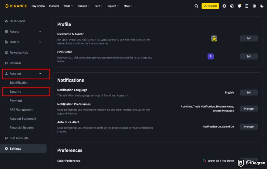 Is Binance safe: go to Security.