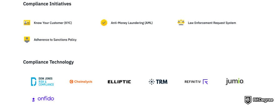 Is Binance safe: a screenshot of Binance compliance initiatives.