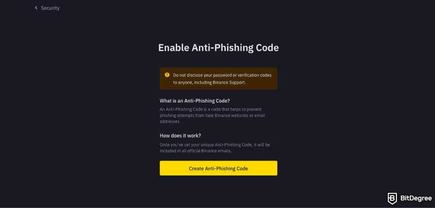 Is Binance safe: click Create Anti-Phishing Code.
