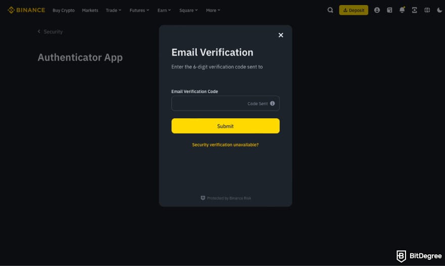 Is Binance safe: submit email verification code.