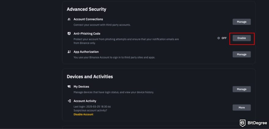 Is Binance safe: click Enable.