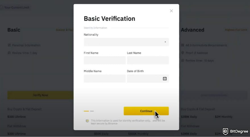 Is Binance safe: fill out personal information.