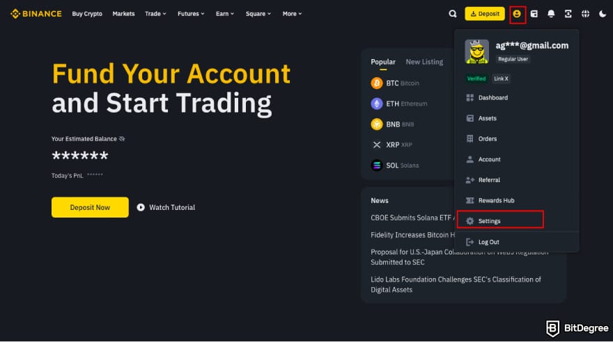 Is Binance safe: navigate to Settings.