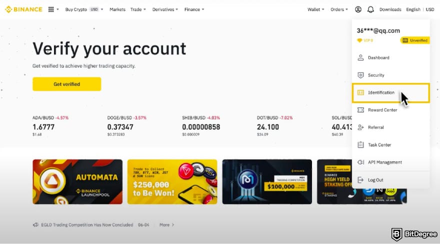 Is Binance safe: click Identification.