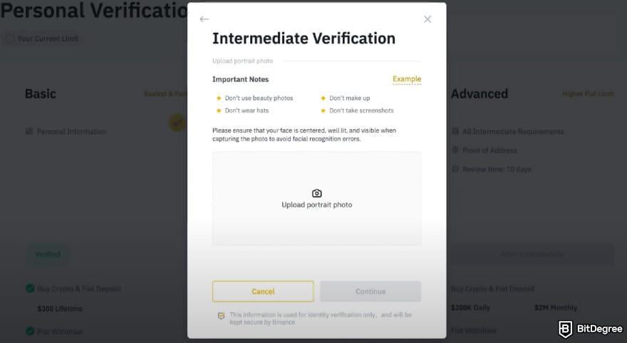Is Binance safe: upload a selfie.