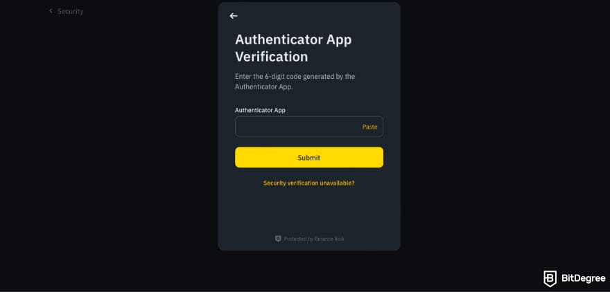 Is Binance safe: submit authenticator code.
