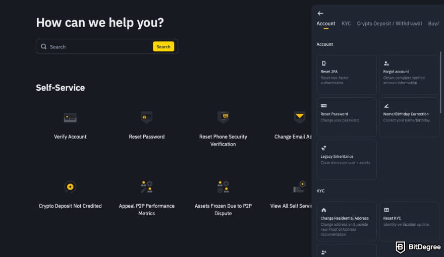 Is Binance safe: a screenshot of Binance support center.