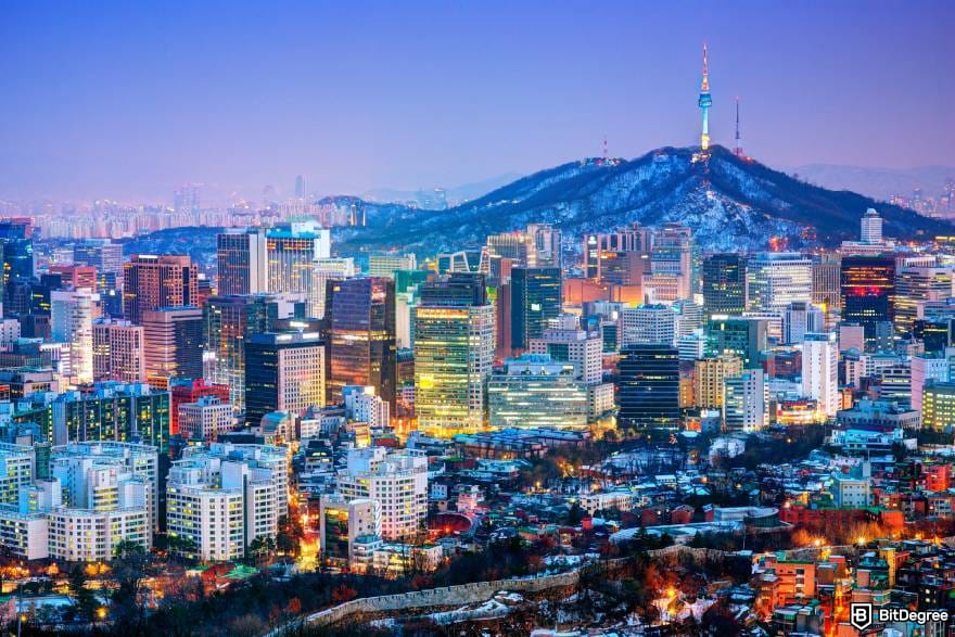 Is Bitcoin legal: the city view of Seoul, South Korea, with the Namsan tower at the top of the hill.