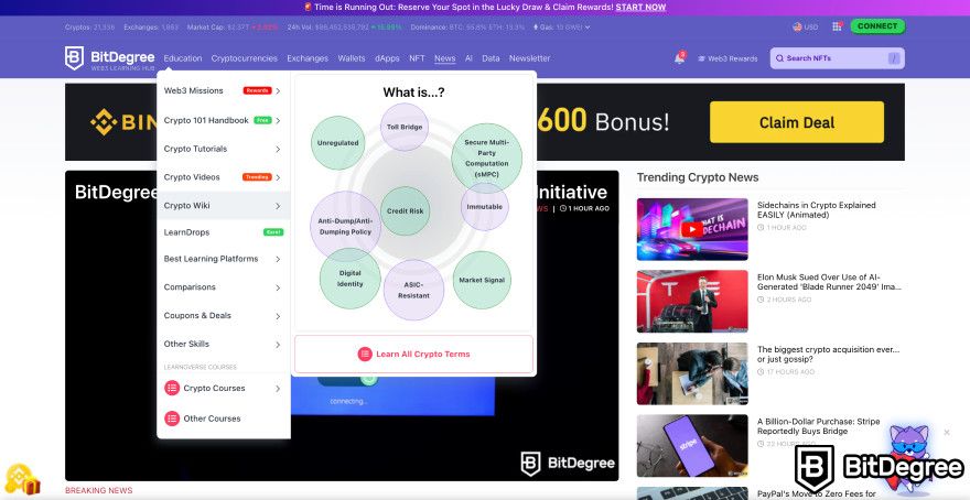 Is BitDegree worth it: news section, crypto wiki, other education materials available on BitDegree.