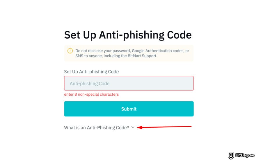 Is BitMart safe: BitMart anti-phishing code page.