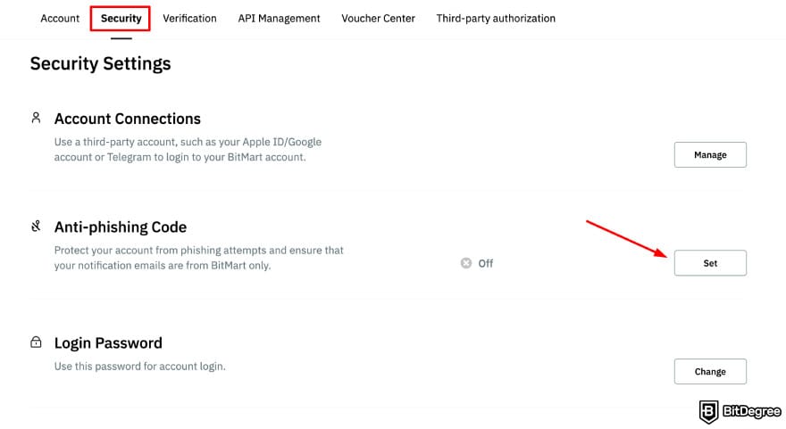 Is BitMart safe: BitMart anti-phishing code [Set] button.