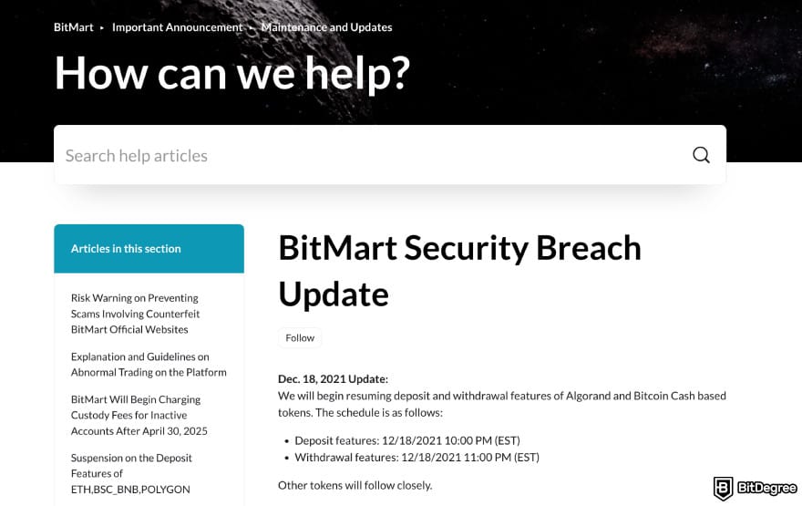 Is BitMart safe: BitMart Help Center article on security breach.
