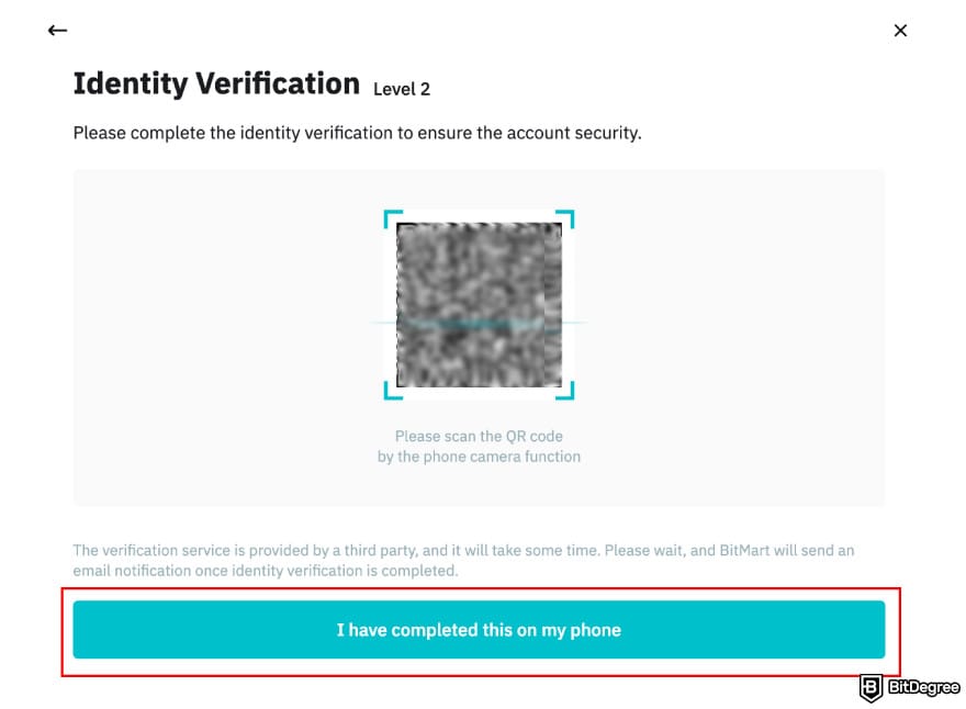 Is BitMart safe: BitMart KYC level 2 button.