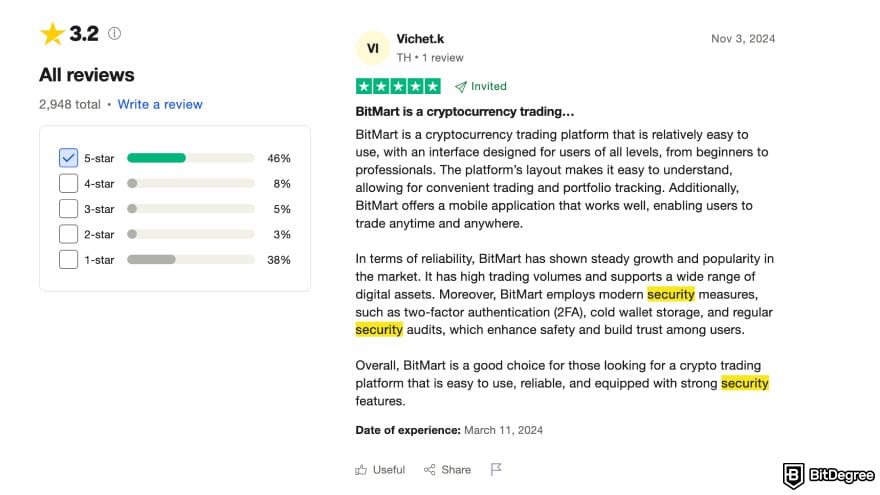 Is BitMart safe: BitMart positive review example.