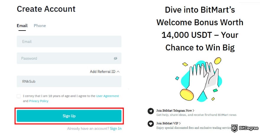 Is BitMart safe: BitMart sign up page.