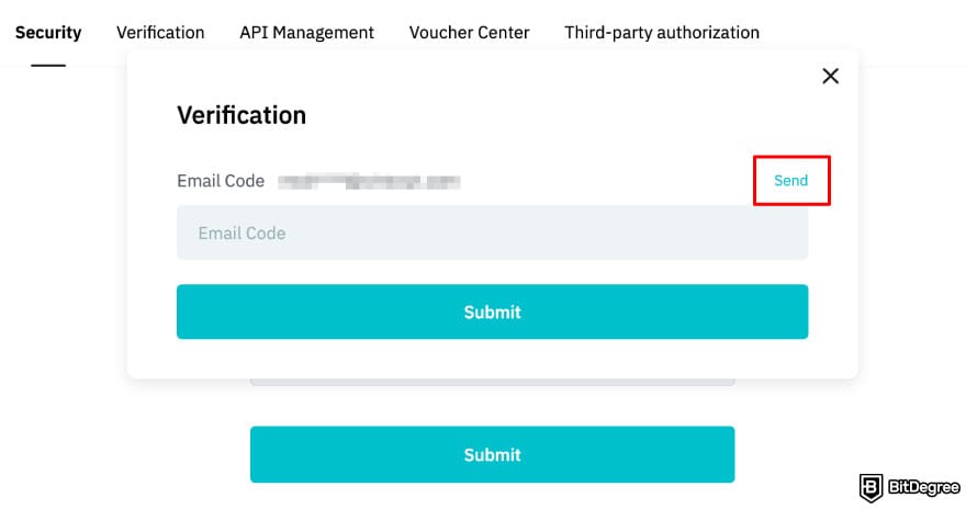 Is BitMart safe: BitMart verification email send button.
