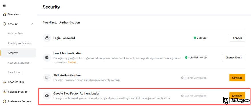 Is Bybit safe: 2FA settings on Bybit's dashboard with the Google 2FA options highlighted.