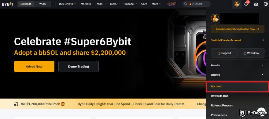 Is Bybit safe: Bybit homepage with the Account button highlighted.