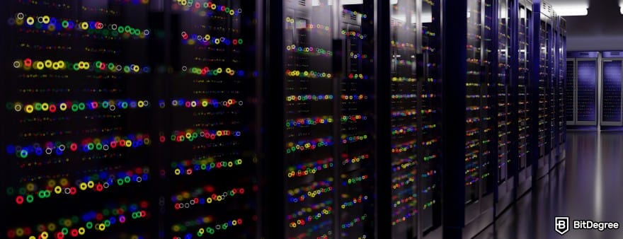 Is Cardano dead: rows of mining servers with multi-colored indicator lights.