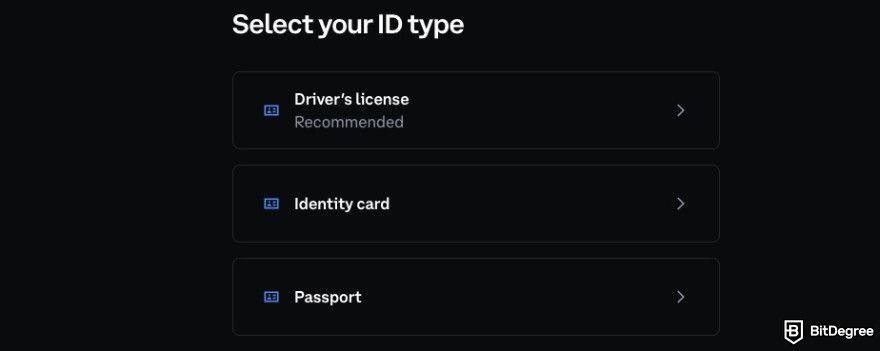 Is Coinbase safe: Coinbase ID type selection for KYC.