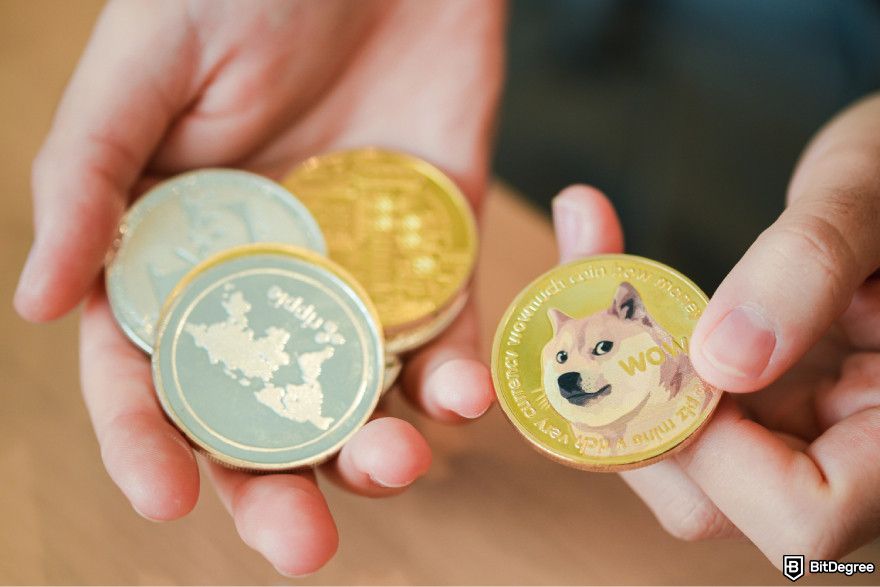 Is Dogecoin a good investment? A person holding several Dogecoins.