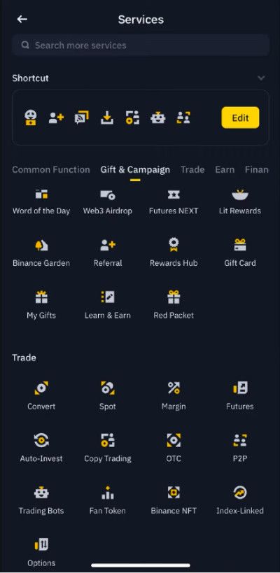 Is Dogecoin a good investment? A screenshot of services on the Binance mobile app.