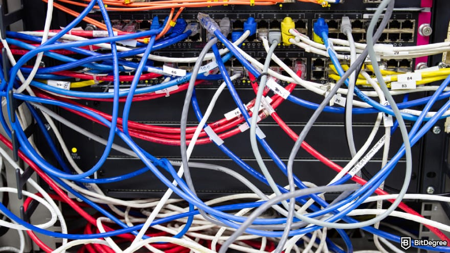 Is Ethereum dead: cable network in server room cable tangled.