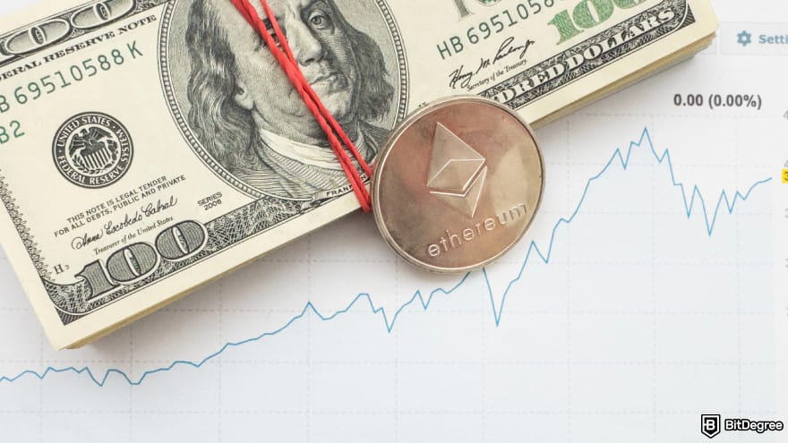 Is Ethereum dead: Ethereum coin on stock market line graph trading chart.
