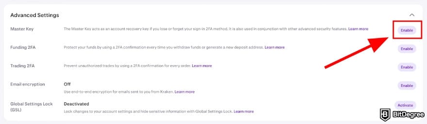 Is Kraken safe: choose to enable master key.