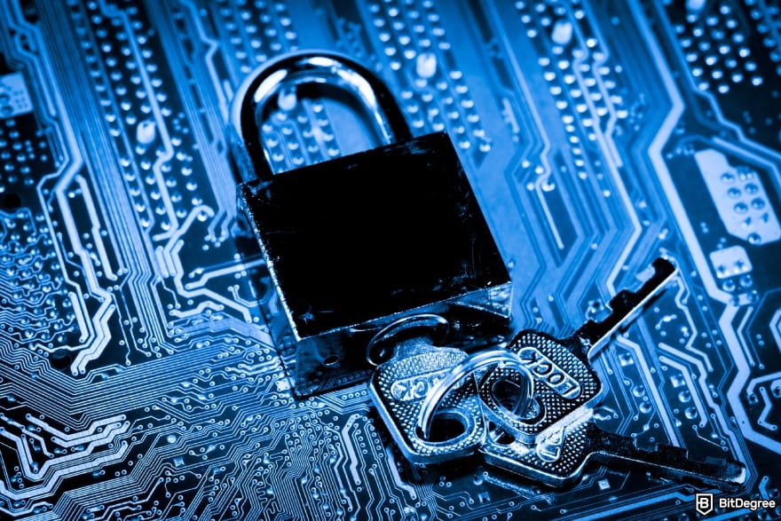 Is Kraken safe: a lock and keys on mainboard electronic computer.