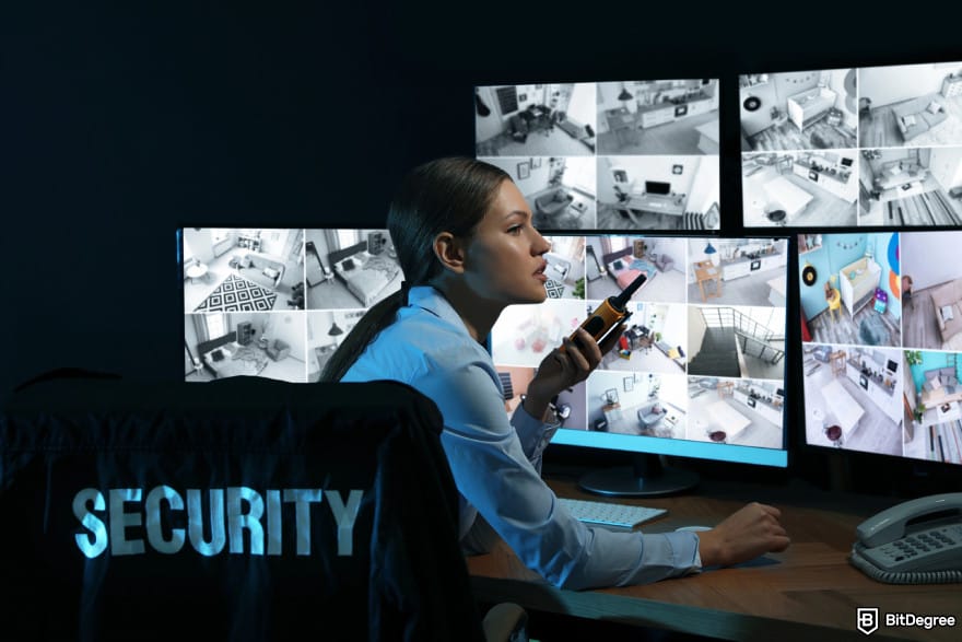 Is KuCoin safe: a security guard monitoring multiple CCTV screens.