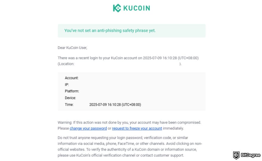 Is KuCoin safe: KuCoin recent login notification.