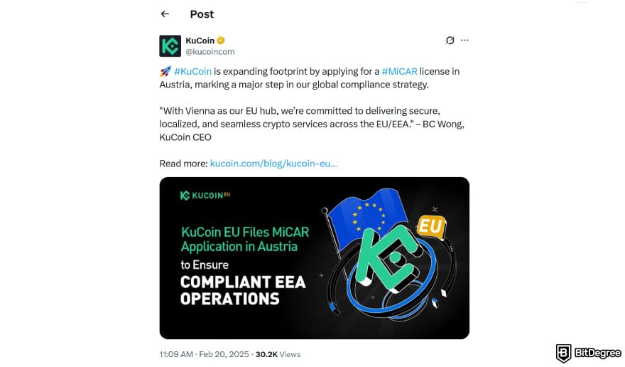Is KuCoin safe: KuCoin announcing MiCAR certification filing.