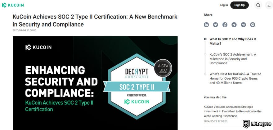 Is KuCoin safe: KuCoin post announcing SOC 2 Type II certification.