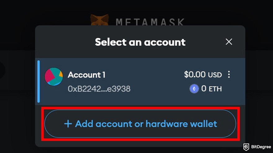 Is MetaMask safe: a popup window for Accounts on MetaMask web dashboard with the Add account button highlighted.