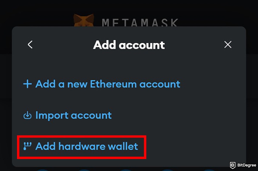 Is MetaMask safe: a popup window to add account on MetaMask web dashboard with the Add hardware wallet button highlighted.