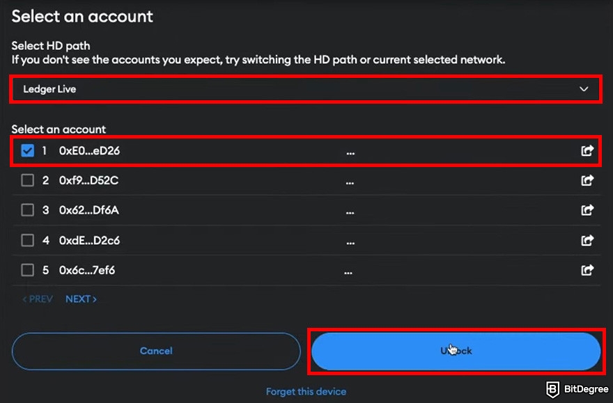 Is MetaMask safe: the page for selecting a Ledger account on MetaMask's web interface.