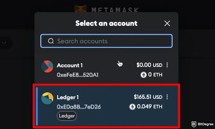 Is MetaMask safe: the popup for selecting and account on MetaMask's web interface with the Ledger account highlighted.