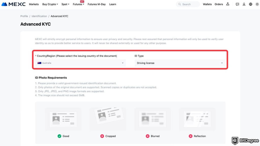 Is MEXC safe: the ID photo requirements and country selection on the Advanced KYC page.