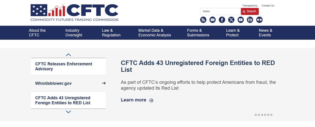 Is MEXC safe: the CFTC homepage.