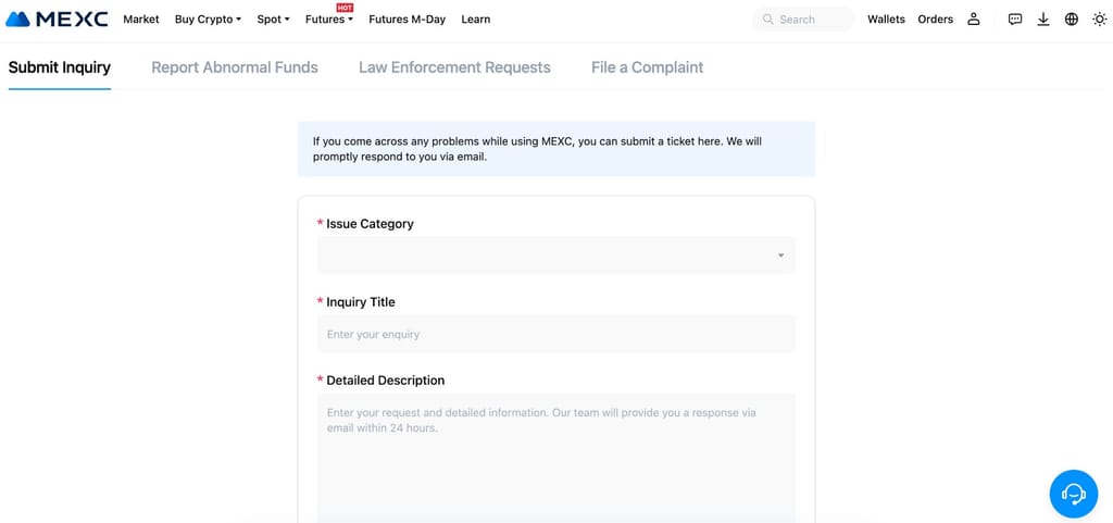 Is MEXC safe: the customer support form.