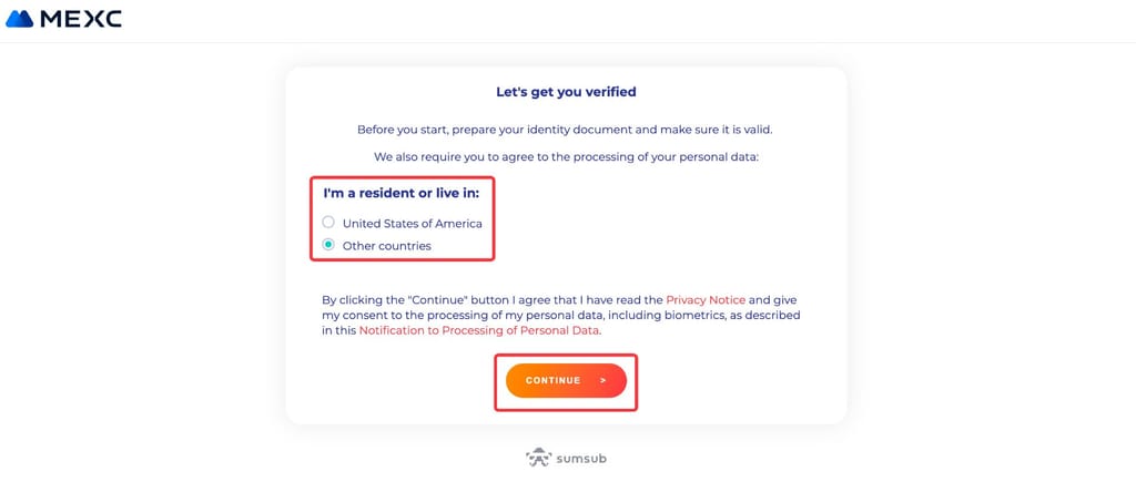 Is MEXC safe: A MEXC verification screen asks the user to select their country of residence.