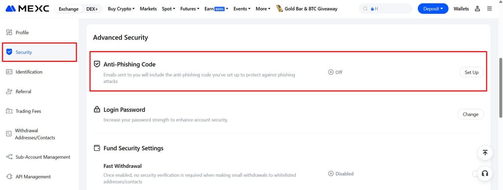 Is MEXC safe: setting up anti-phishing code via the MEXC website.