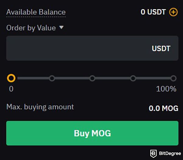 MOG Coin là gì: biểu mẫu lệnh mua trên giao diện giao dịch của Bybit.