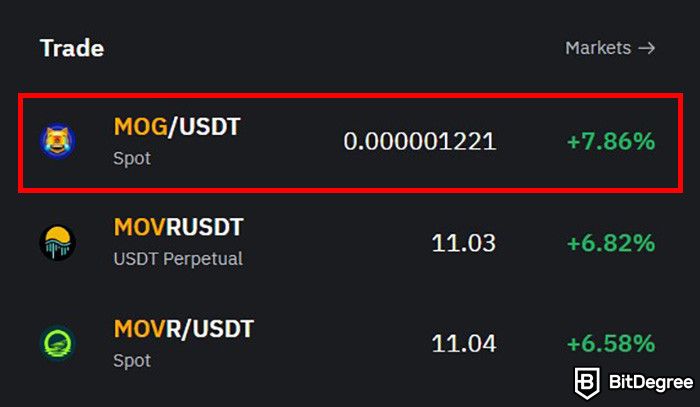 MOG Coin là gì: Cặp giao dịch MOG/USDT trên Bybit.