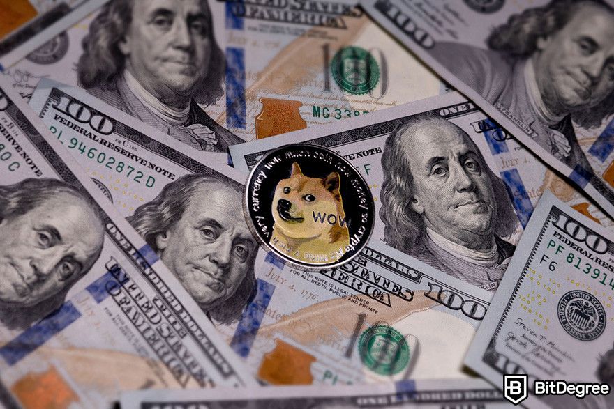 Is MOG coin a good investment: a DOGE coin on a pile of 100 dollar bills.