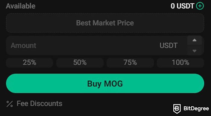 Is MOG coin a good investment: the buy order form on KuCoin's trading platform.