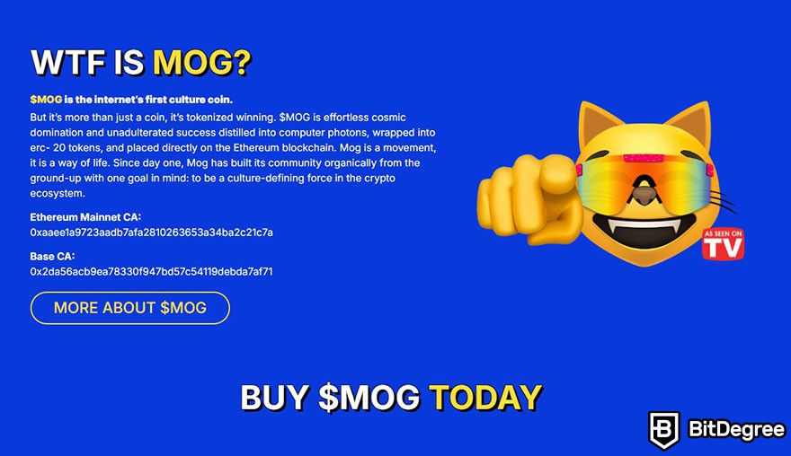 MOG Coin là gì: mô tả chính thức về $MOG trên trang web của đồng tiền này.